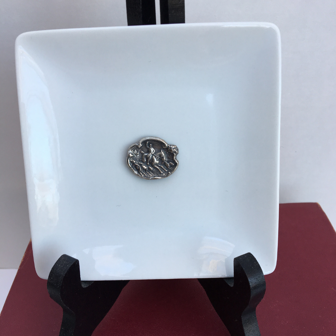 Trinket Tray,  White Porcelain Dish,  Small Silver Horse and Hounds Medallion