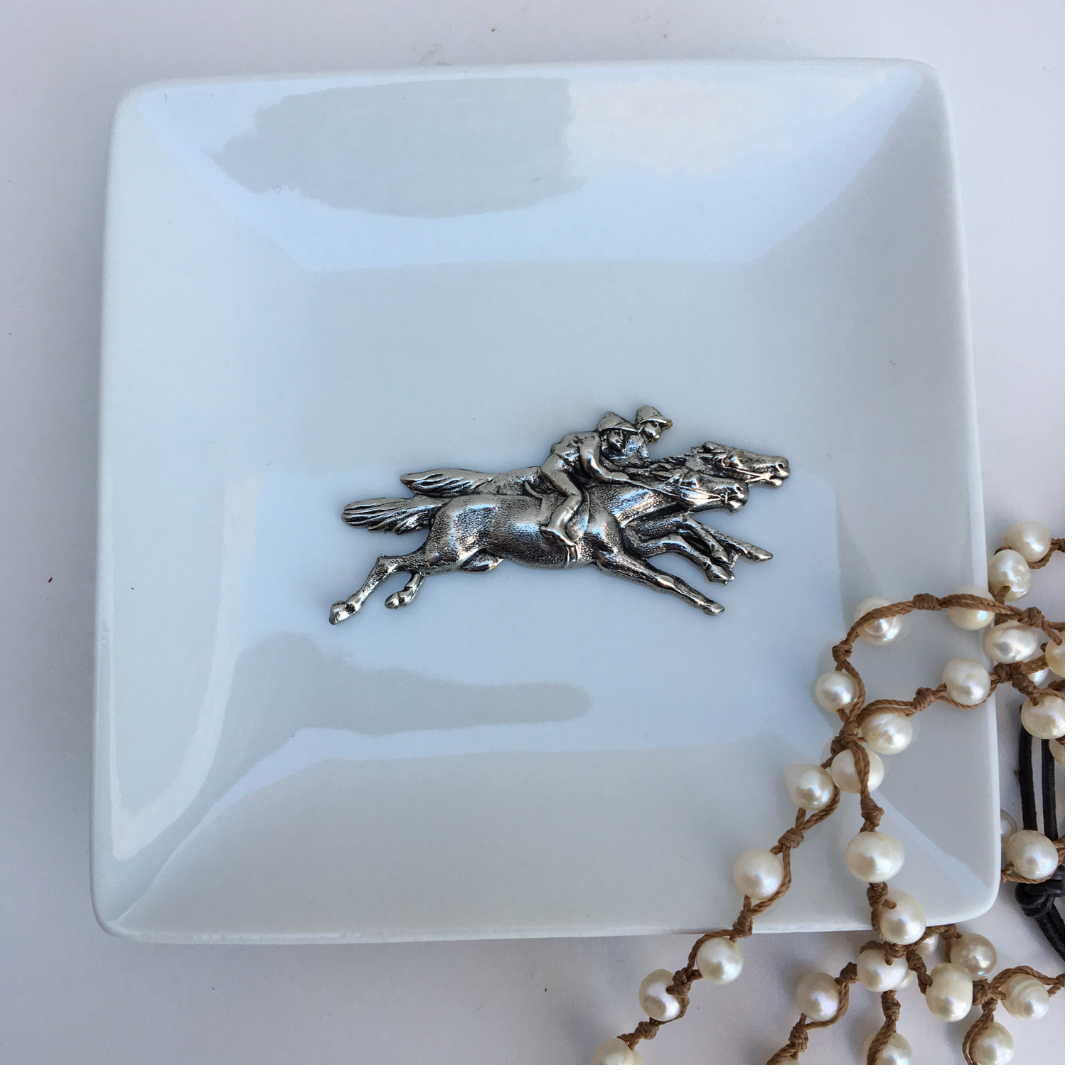 Trinket Tray, White Porcelain Dish, Silver Racehorse Medallion
