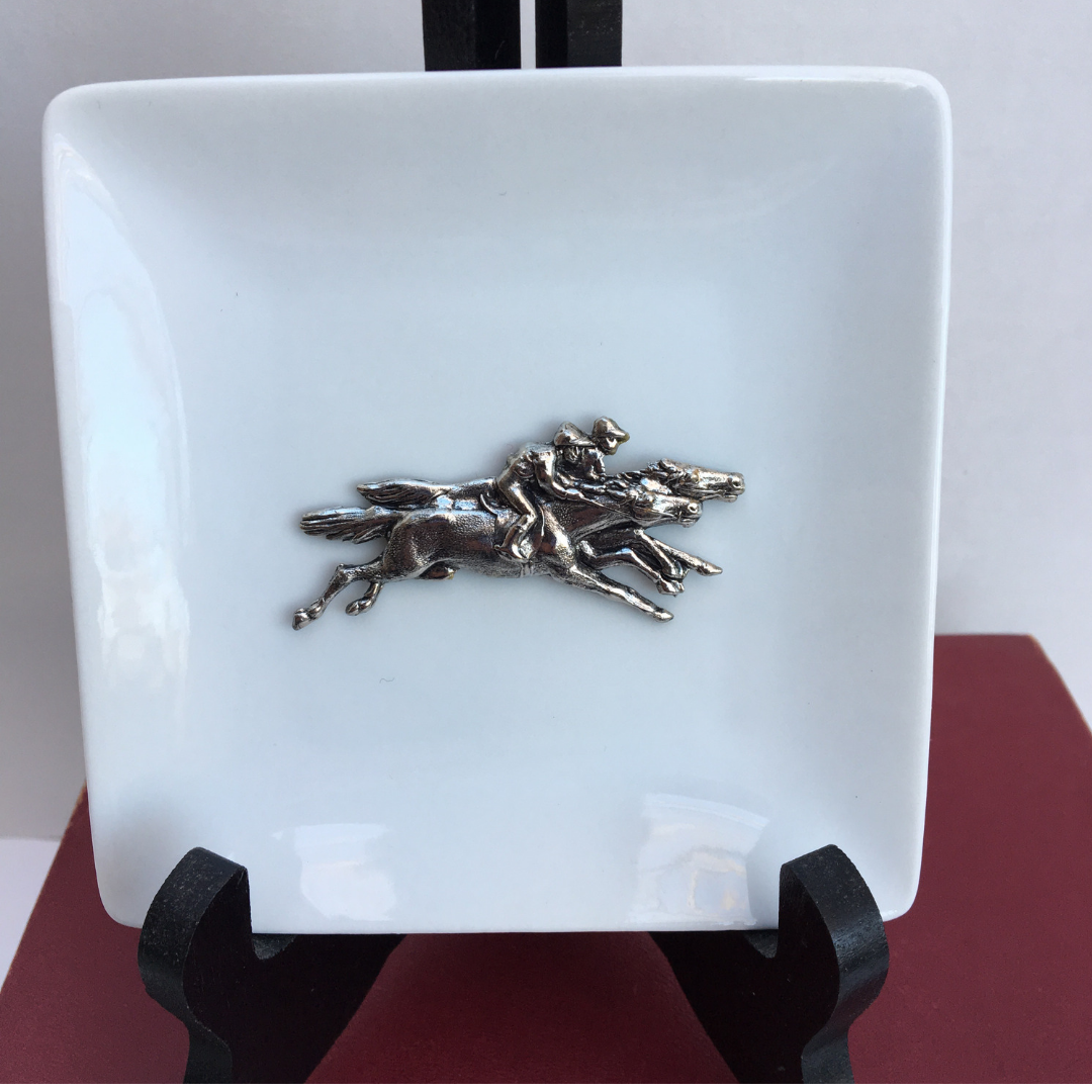 Trinket Tray, White Porcelain Dish, Silver Racehorse Medallion