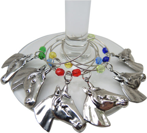 A set of silver horse charms attached to colorful glass beads on a wire, designed to be wrapped around a glass stem, presented on a white background.
