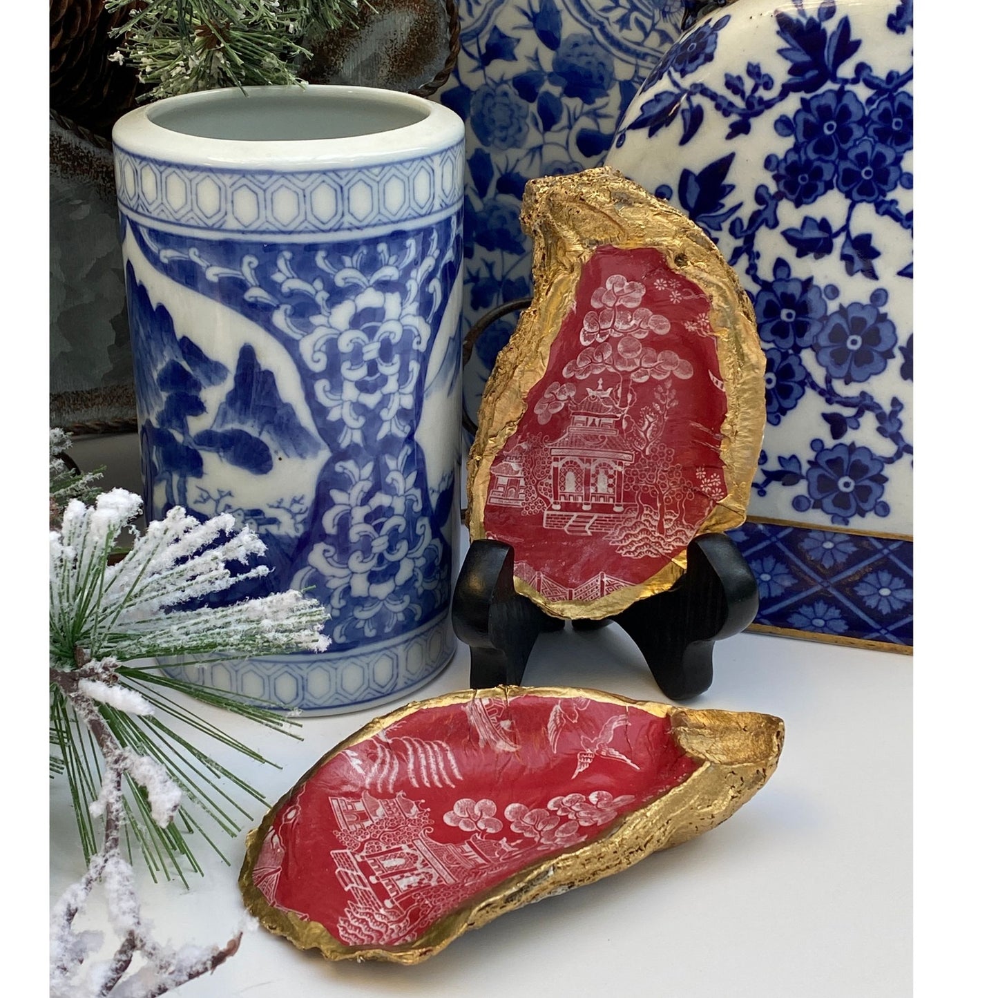 Red Chinoiserie Art, Oyster Shell Art, Handmade