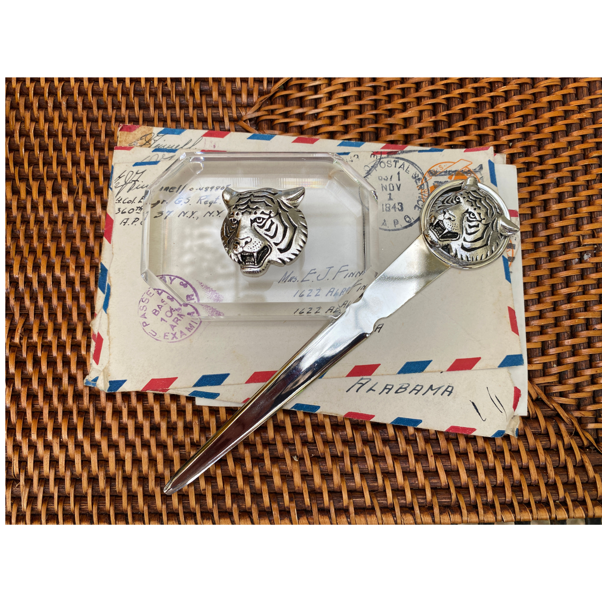 tiger letter opener with tiger paperweight